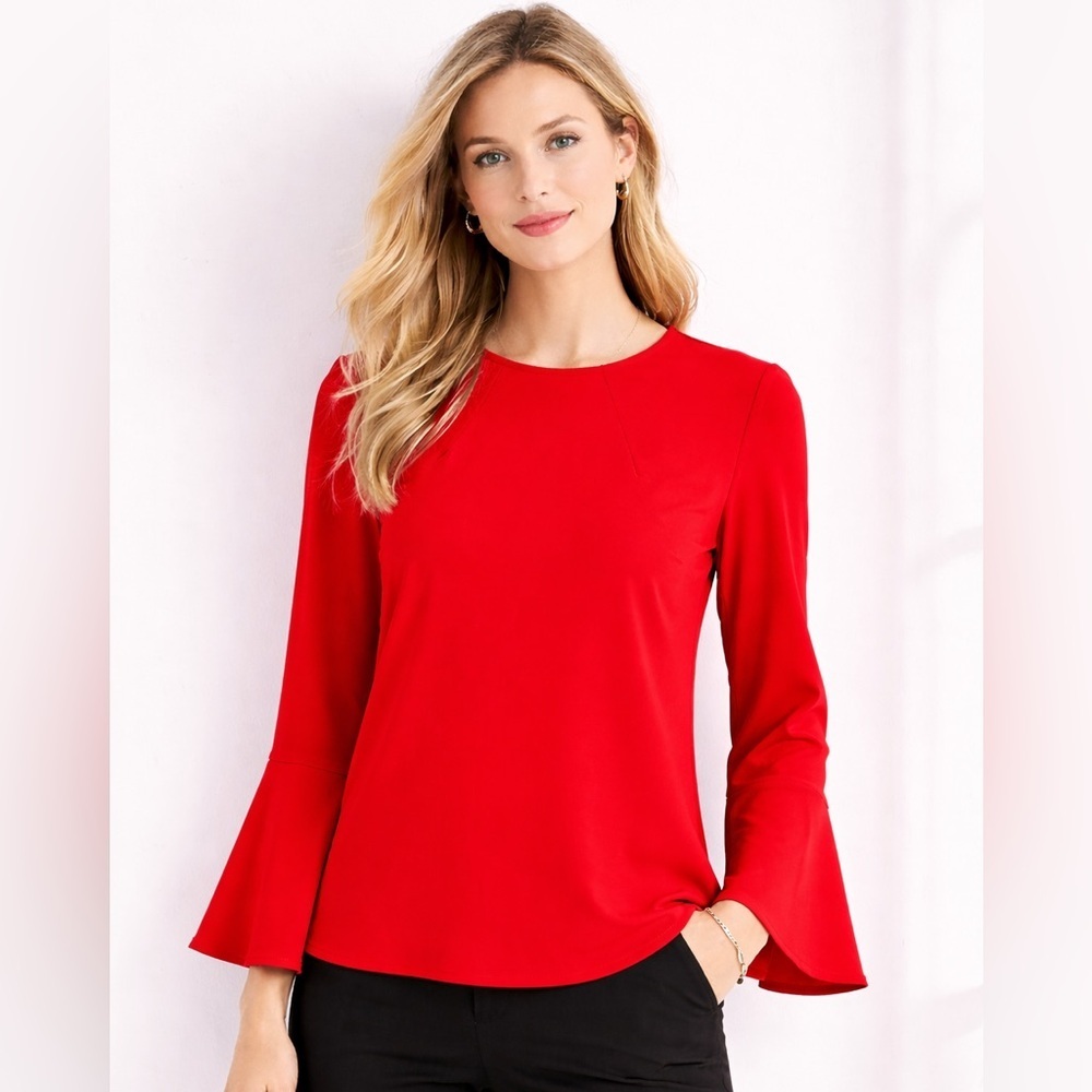 Ann Taylor Red Bell Sleeve Blouse Classic Chic Work Top Size Medium Career